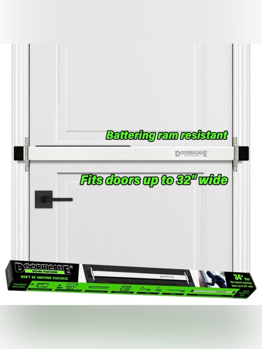 34” Doorricade Door Security Bar for inward opening doors up to 32″ wide  Silver